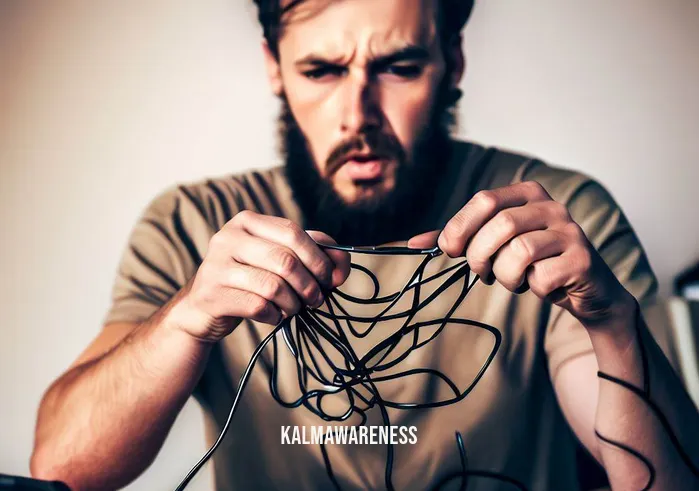 cutting chords _ Image: [A frustrated person sitting at the messy desk, looking overwhelmed as they try to untangle a knot of cords. Their brows are furrowed, and their hands hold a tangled mess of wires.]Image description: Sitting amidst the chaos, a person