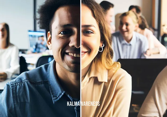 cutting connection _ Image: A split screen image - On one side, people engaged in a video conference with smiles and nods. On the other side, colleagues in a heated discussion in the office.Image description: The screen is divided into two scenes. On the left, a group of people on a video call are smiling, nodding, and engaged in lively conversation. On the right, a group in the office engages in an intense discussion, some looking frustrated.