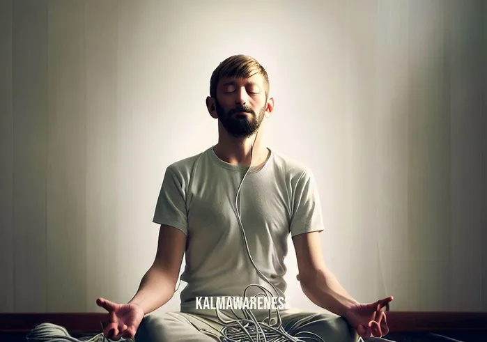 cutting cord meditation _ Image: Person meditating with closed eyes in a tidy space, cords neatly coiled beside them.Image description: In a tranquil space cleared of chaos, the person sits in a poised meditative posture. With eyes peacefully shut, the once-tangled cords are now neatly coiled, symbolizing the individual