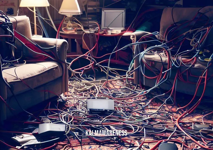 cutting cord ritual _ Image: A cluttered living room with tangled cords from various devices scattered on the floor and furniture. Image description: In the midst of chaos, cords intertwine like a tangled web, symbolizing the overwhelming grip of technology in our lives.