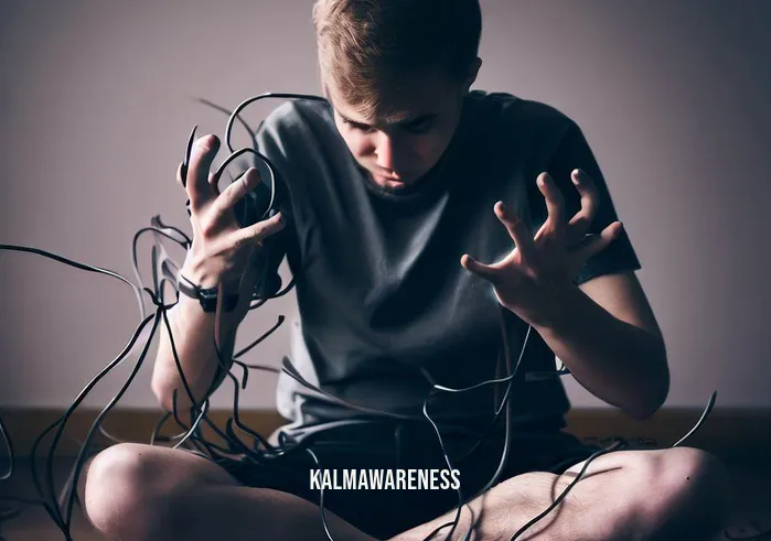 cutting cord ritual _ Image: A person sitting on the floor, looking frustrated while untangling a jumble of cords with a furrowed brow. Image description: The individual