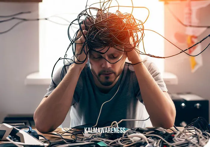cutting cords meaning _ Image: A cluttered desk with tangled cords and cables strewn all over. A frustrated person is sitting in front of the desk, looking overwhelmed by the mess.Image description: The desk is a chaotic mess, with cords from various devices tangled together. The person