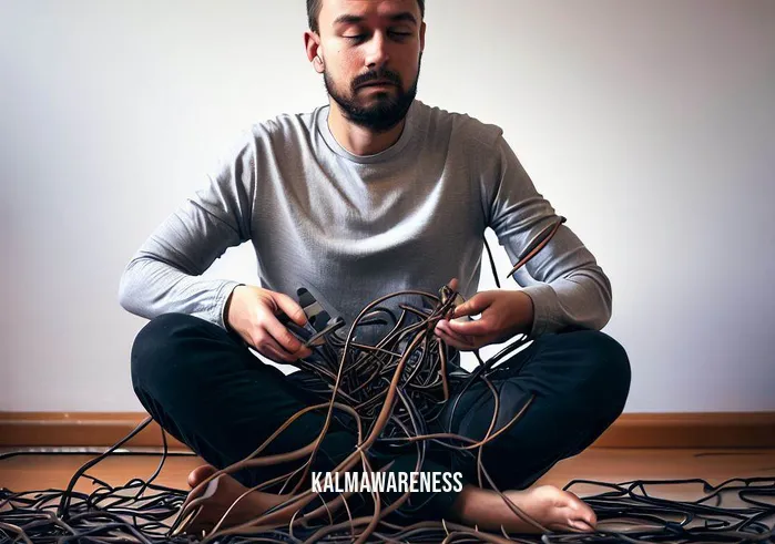 cutting cords meditation _ Image: A person sitting cross-legged on the floor, surrounded by the tangled cords, with a frustrated expression as they attempt to untangle the mess.Image description: In this image, an individual sits amidst the tangled cords, frustration evident on their face as they attempt to unravel the chaotic jumble. This visual illustrates the struggle and stress that can arise when trying to manage the overwhelming mental clutter caused by an inability to let go.