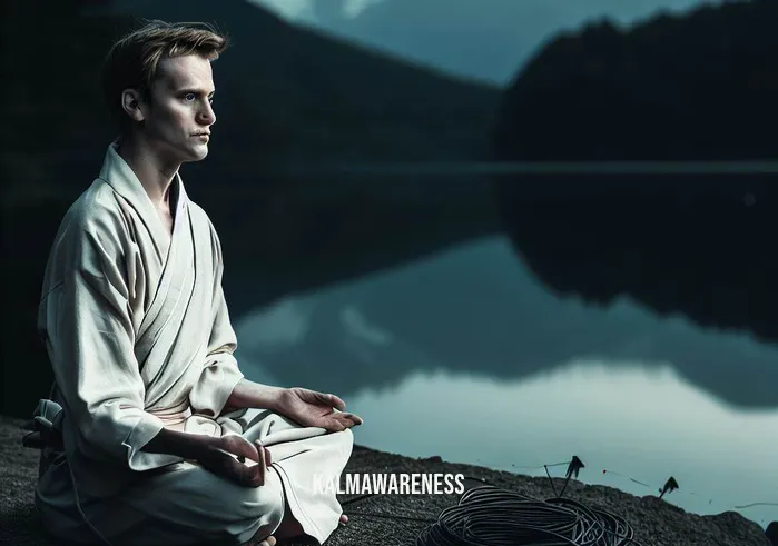 cutting cords meditation _ Image: The same person practicing meditation outdoors, sitting peacefully with closed eyes beside a tranquil lake, cords now neatly coiled beside them.Image description: The scene shifts dramatically as the person is now shown meditating outdoors by a serene lake. With closed eyes and a serene expression, they exude a sense of calm. The neatly coiled cords nearby serve as a visual representation of the progress made in organizing and calming their thoughts through meditation.