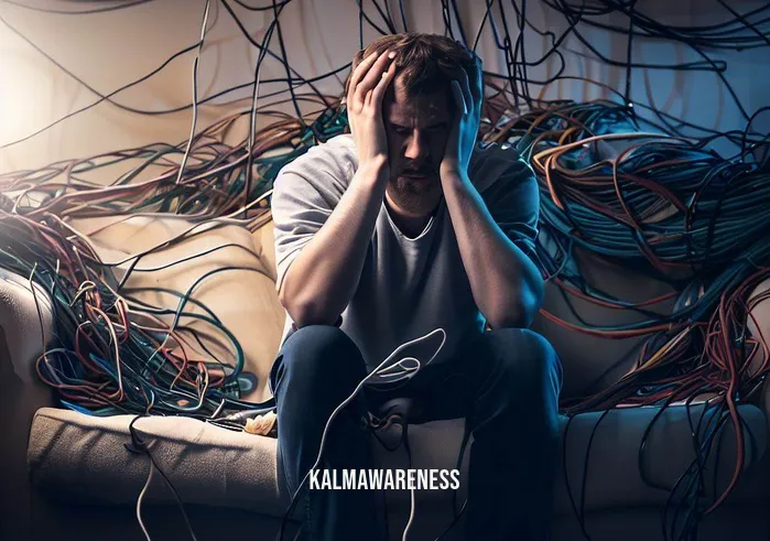 cutting the cord meditation _ Image: A person sitting on a couch surrounded by tangled cords and cables, looking overwhelmed and stressed.Image description: In the midst of a chaotic living room, cords and cables sprawl like a tangled web. The person sits on the couch, brows furrowed, surrounded by the mess of modern technology. The scene exudes a sense of overwhelm and frustration.