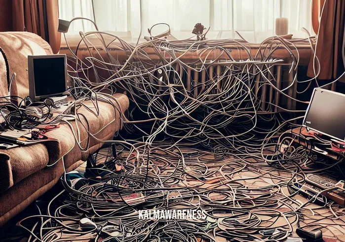 cutting the cord ritual _ Image: A cluttered living room with tangled cables and cords from various electronic devices spread across the floor.Image description: The living room is a chaotic mess of electronic cables, power cords, and charging cables. Wires are intertwined, forming a confusing labyrinth on the floor. A sense of disarray and frustration fills the space.