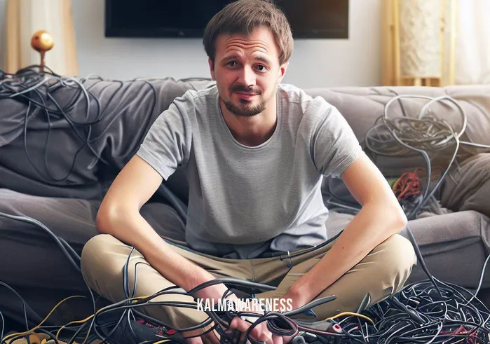 cutting the cord spiritual _ Image: A person sitting on a couch, surrounded by tangled cords from various electronic devices. They have a frustrated expression as they attempt to untangle the mess.Image description: Amidst a cluttered living room, cords from TVs, gaming consoles, and chargers lie in chaotic disarray. The person