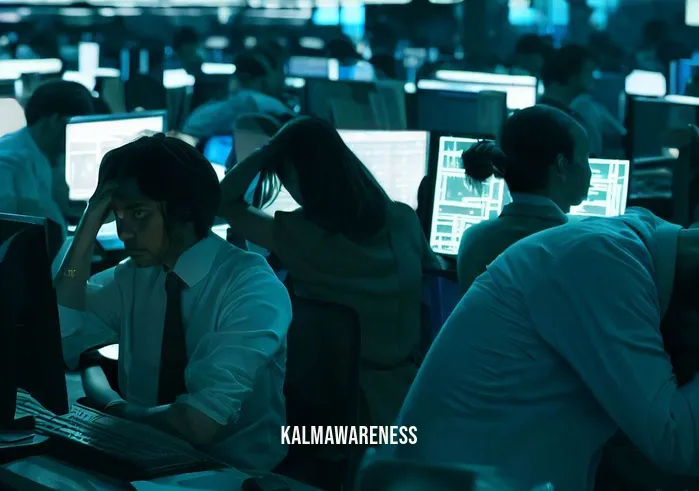 chi gong balls _ Image: [Visual: People sitting at desks, hunched over computers, looking stressed.]Image description: An office scene filled with employees, each engrossed in their computer screens, shoulders tense and brows furrowed. The atmosphere is heavy with stress as they work diligently amidst cluttered desks and glowing monitors.
