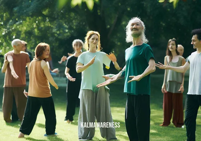 chi gong balls _ Image: [Visual: Group of people participating in a Chi Gong class at a park.]Image description: In a serene park setting, a diverse group of people gather in a circle, practicing Chi Gong. They perform fluid movements with focused expressions, surrounded by lush greenery and a sense of tranquility.