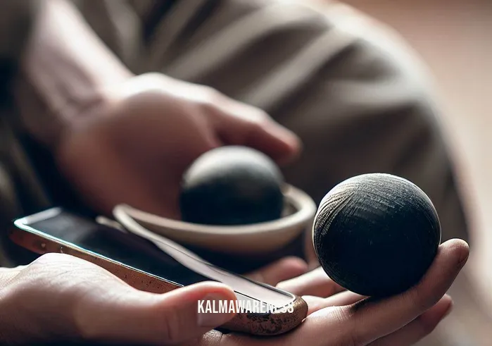 chinese meditation balls _ Image: A pair of Chinese meditation balls being held in one hand, while the other hand holds a smartphone.Image description: In a tranquil setting, a person holds a pair of Chinese meditation balls in one hand. The other hand clutches a smartphone, indicating the ongoing struggle to disconnect from technology and external distractions even while attempting to meditate.