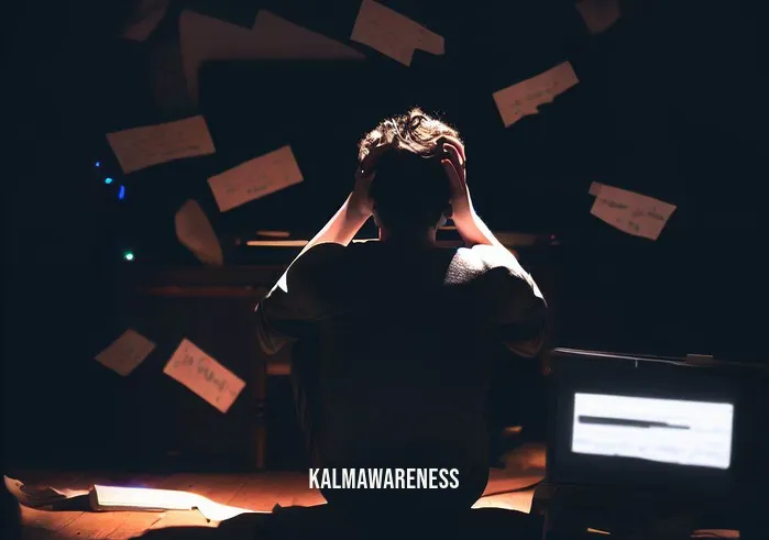 bad headspace quotes _ Image: A person sitting alone in a dimly lit room, head in hands, surrounded by scattered papers and a computer screen displaying negative messages.Image description: A lone individual in a dimly lit room, overwhelmed by stress and negative thoughts, surrounded by the chaos of unfinished work and discouraging messages.