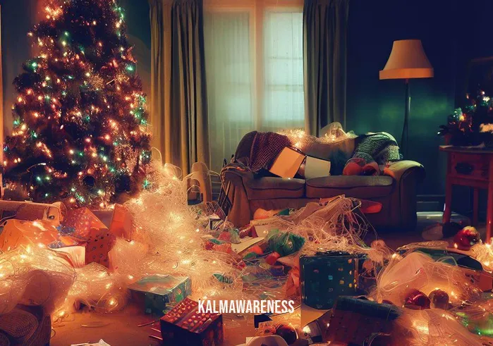 christmas mindfulness activity _ Image: A cluttered living room with scattered Christmas decorations, unwrapped gifts, and a tangled string of lights.Image description: The living room is in disarray, overwhelmed with the remnants of the holiday festivities. Wrapping paper litters the floor, and the Christmas tree stands askew with its lights in a jumbled mess.