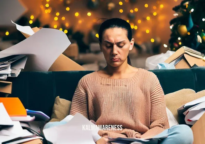 christmas mindfulness activity _ Image: A person sitting amidst the chaos, looking overwhelmed and stressed, with a tired expression while holding a to-do list.Image description: Amidst the holiday chaos, a person sits on the sofa, surrounded by clutter. Their face wears a weary expression as they hold a to-do list that seems never-ending.