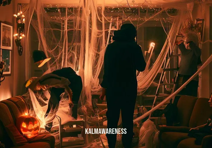 halloween mindfulness activities _ Image: A cluttered living room with Halloween decorations scattered everywhere, dimly lit by flickering candles. People look stressed as they prepare for a Halloween party.Image description: The living room is a chaotic mess of spider webs, pumpkins, and costumes strewn across furniture. A person stands on a ladder, struggling to hang up a ghost decoration. Another person rushes by, clutching a tangled string of orange lights.