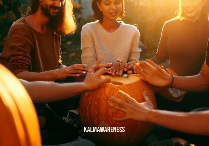 halloween mindfulness activities _ Image: A group of friends and family sitting in a circle in the backyard, each holding a carved pumpkin. The atmosphere is joyful as they engage in a pumpkin meditation activity, running their fingers over the pumpkins