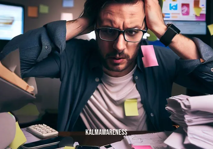 11 minute meditation _ Image: A close-up of a person sitting at a messy desk, surrounded by papers, a ringing phone, and a computer screen showing multiple open tabs.Image description: The individual at the cluttered desk has a stressed expression, rubbing their temples as they try to multitask amidst the chaos.