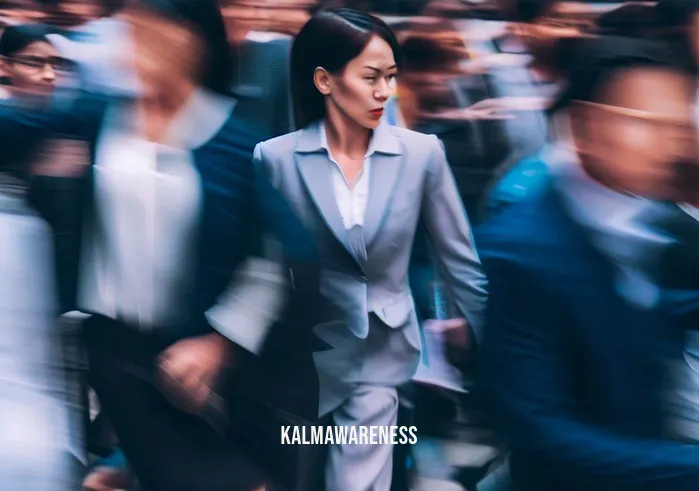 8 minute power meditation _ Image: A bustling city street during rush hour, filled with people rushing and stressed expressions all around.Image description: People in business attire hurrying along the crowded sidewalks, faces tense and preoccupied with their thoughts.