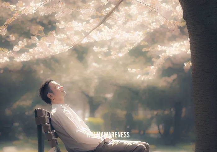 8 minute power meditation _ Image: A serene park bench under a blooming cherry blossom tree, with dappled sunlight and a gentle breeze.Image description: The same person now sits on the bench, eyes closed, taking deep breaths. Their posture is relaxed, and a faint smile graces their face as they attempt to clear their mind.