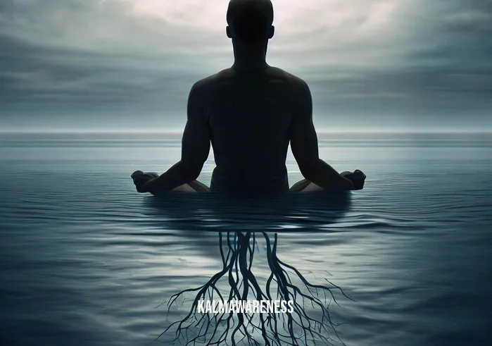 anchor meditation _ Image: The person practicing anchor meditation, imagining roots reaching into the ground, bringing calmness as the sea gradually calms down.Image description: The person engages in anchor meditation, imagining roots extending from their body into the earth below. As they do, the turbulent sea begins to settle, its waves gradually calming into gentle ripples, mirroring the person