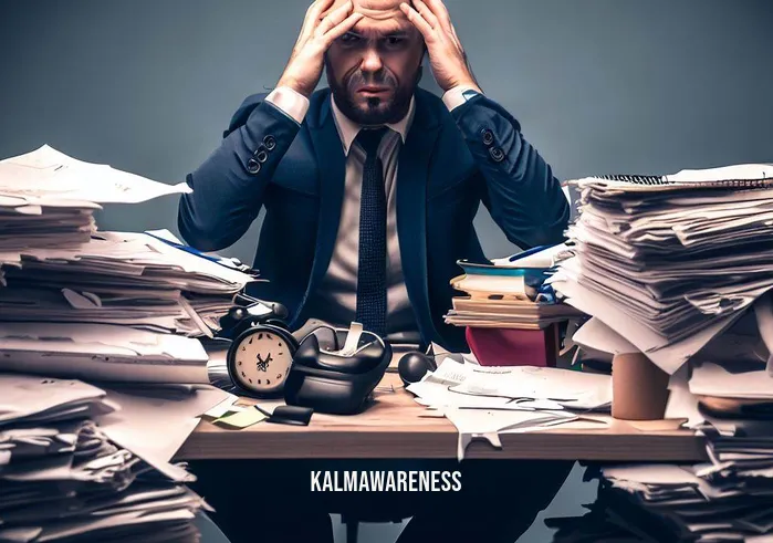 best meditation cds for anxiety _ Image: A person sitting on a cluttered desk, surrounded by piles of work documents and a ringing phone. They look stressed and overwhelmed, with a furrowed brow and a tense posture.Image description: Amidst a chaotic office, a stressed individual sits buried under work obligations. The disarray of papers and the constant phone calls paint a picture of anxiety and pressure.