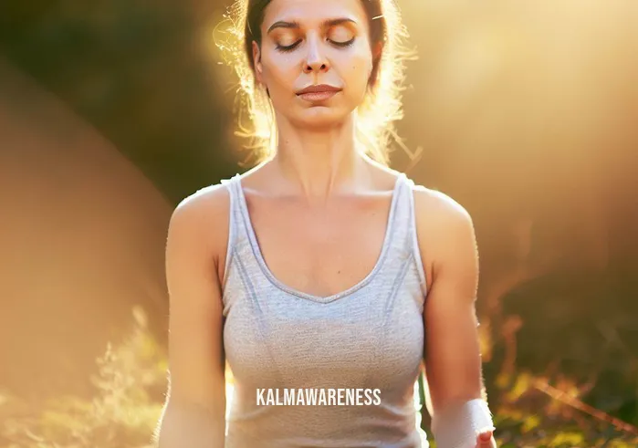 can you meditate with your eyes open _ Image: A close-up of a woman sitting on a yoga mat outdoors, eyes slightly open as she practices mindfulness, sunlight casting a warm glow.Image description: Out in nature, a woman sits on a yoga mat. Her eyes are gently open, focused on nothing in particular. The sunlight bathes the scene in a serene ambiance, symbolizing the transition to a more mindful state.