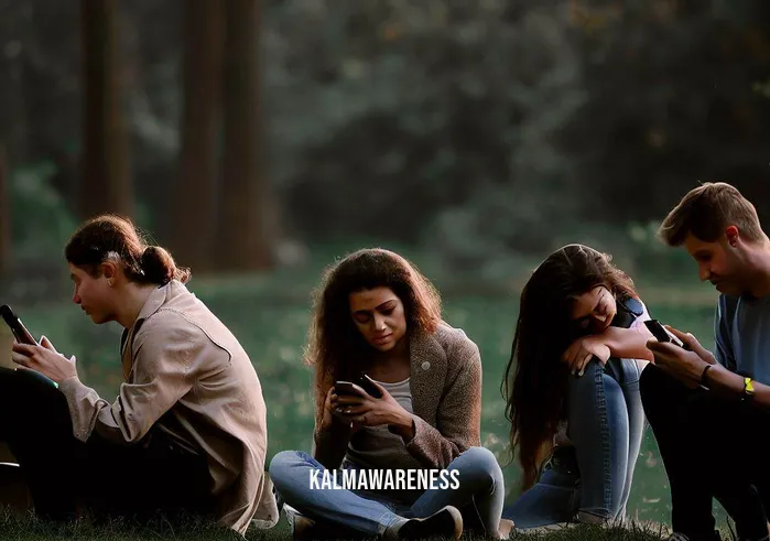 compassionate body scan _ Image: A group of people sitting in a park, hunched over with their devices, disconnected from each other and their surroundings.Image description: Individuals in the park, physically present but mentally absorbed in their phones and not engaging with each other or the natural beauty around them.