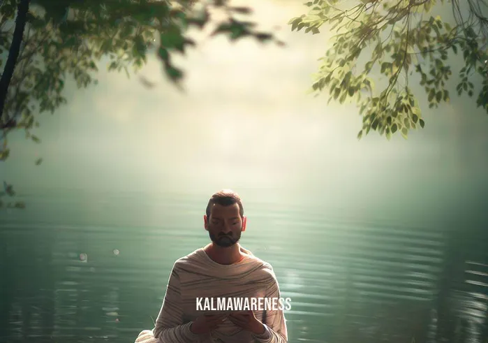 guided meditation for pain and anxiety _ Image: A serene natural setting by a tranquil lake, surrounded by lush trees and gentle sunlight. The person from the previous images is here, sitting on a blanket, eyes closed, hands resting peacefully.Image description: Nature