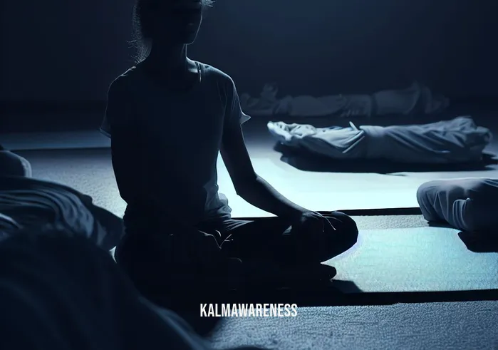 hands floating during meditation _ Image A dimly lit room with scattered yoga mats, people sitting awkwardly, their hands hovering uncertainly above their laps, a visible struggle to detach from their thoughts and surroundings.