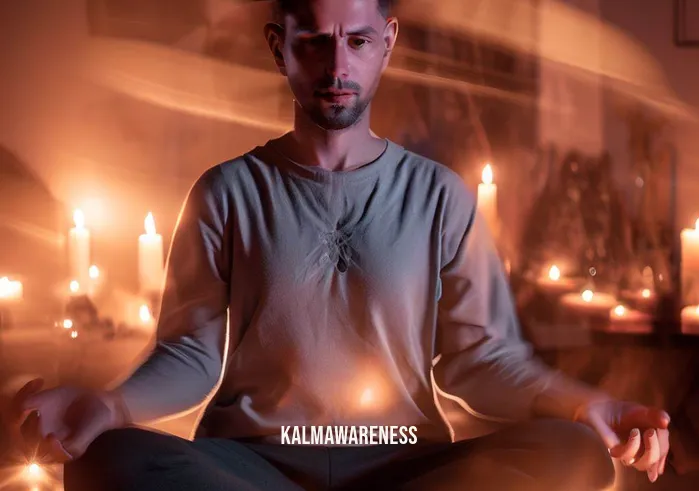 how to have an out of body experience while meditating _ Image: A person sitting cross-legged on a meditation cushion, surrounded by a dimly lit room with flickering candles. Their brows are furrowed, and there