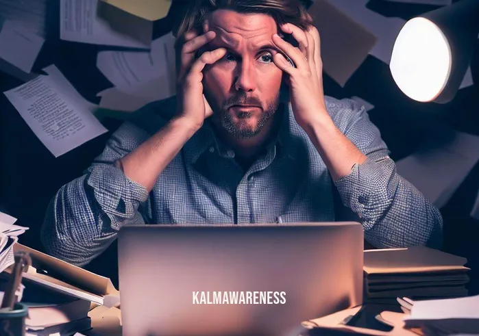 keep it simple daily meditation online _ Image: A cluttered desk with a laptop, papers, and an anxious-looking person with furrowed brows.Image description: Amidst a chaotic desk, a person appears overwhelmed and stressed, surrounded by work and distractions.