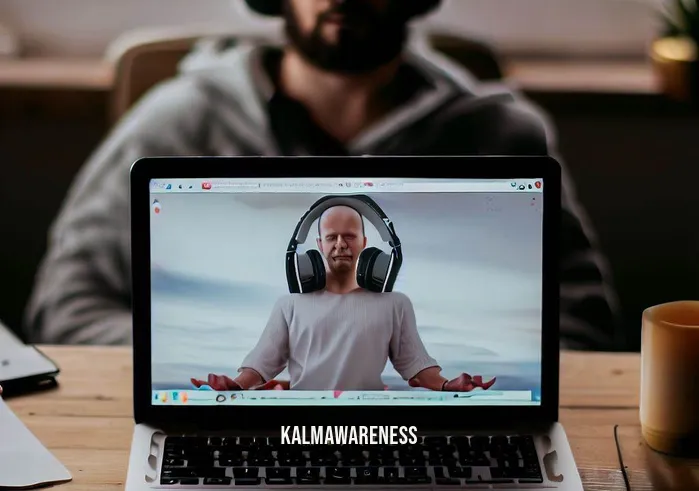 keep it simple daily meditation online _ Image: The same desk now has a laptop showing a meditation website, with the person wearing headphones and closing their eyes.Image description: The laptop screen displays a serene meditation website, while the person, wearing headphones, starts to relax and unwind.