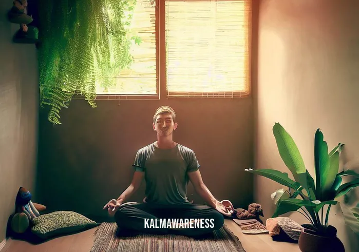 keep it simple daily meditation online _ Image: A peaceful corner of the room with a yoga mat, meditation cushions, and the person sitting comfortably in a meditation posture.Image description: The room