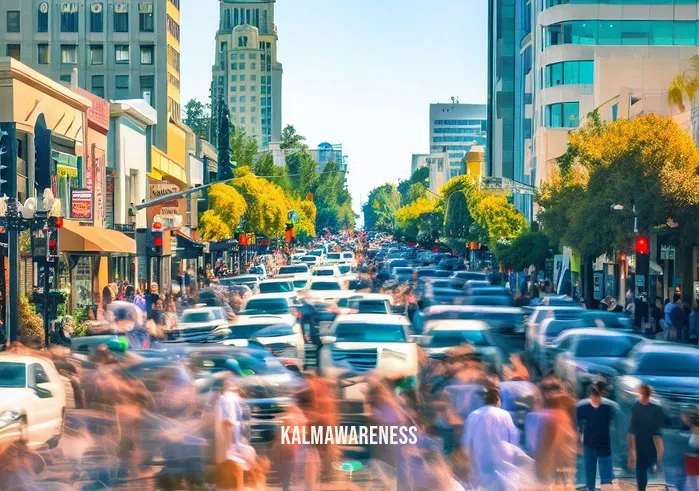 meditation chico ca _ Image: A bustling city street in Chico, CA, filled with hurried individuals, traffic, and noise.Image description: The cityscape of Chico depicts a busy urban environment, with people rushing about, cars honking, and buildings towering overhead.