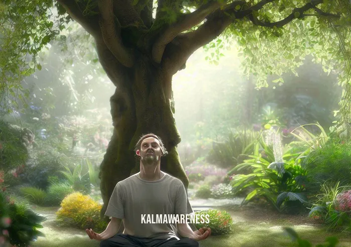 meditation figures _ Image: The scene shifts outdoors, a peaceful garden with the person meditating under a tree, a gentle smile on their face, surrounded by nature