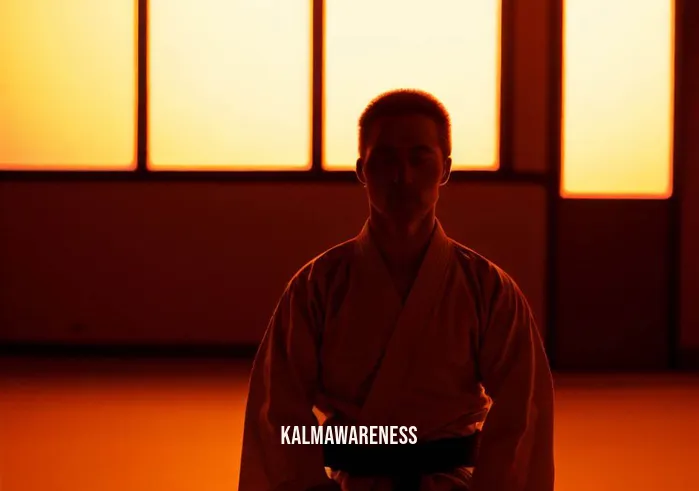 meditation in martial arts _ Image: Sunset bathes the dojo in warm hues as the same student attempts to meditate in a corner. He sits cross-legged, eyes closed, attempting to find stillness amid the fading echoes of training.Image description: In the tranquil embrace of twilight, the struggling student seeks solace in meditation. His closed eyes and serene posture contrast with the energetic residual movements of his fellow martial artists.