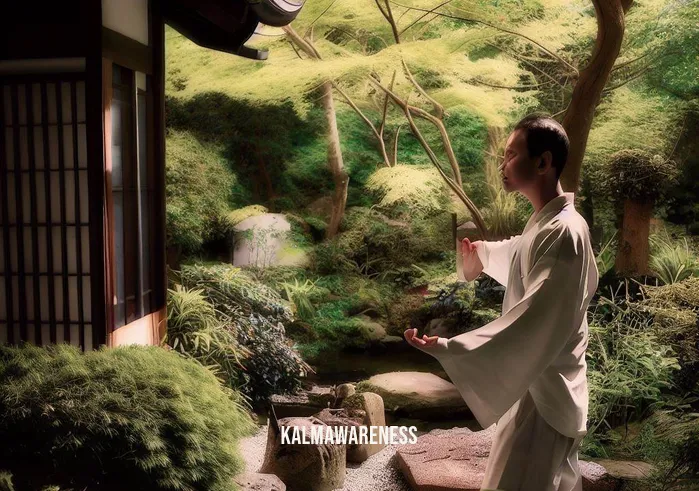 meditation in martial arts _ Image: A serene garden beside the dojo, where the student practices martial arts with newfound mindfulness. His movements are graceful, each action executed deliberately, showcasing a newfound connection between body and mind.Image description: Within a peaceful garden alcove, the once-frustrated student now engages in martial arts with fluidity and presence. His precise movements mirror the harmony he has achieved within himself.