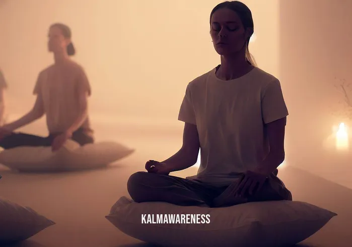 silence course art of living _ Image: A serene meditation room with soft lighting, floor cushions, and people sitting with their eyes closed, looking calm and focused.Image description: Within a tranquil meditation room, individuals sit with eyes closed, hands resting on their laps. The soft ambiance and collective stillness exude a sense of focused calm.