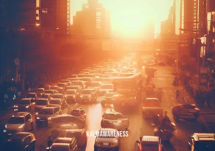 5 minute evening meditation _ Image: A busy cityscape during rush hour, with cars honking and people hurrying along the crowded sidewalks.Image description: The sun setting over the bustling city, casting a warm and golden glow over the urban landscape. The city