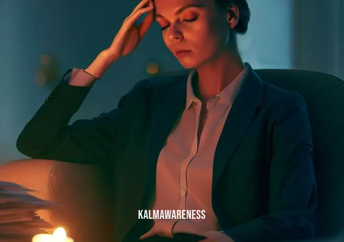 5 minute evening meditation _ Image: A close-up of a stressed-looking woman in business attire, sitting at her cluttered desk with papers and a glowing computer screen.Image description: The same woman now seated comfortably on a cushion, eyes closed, as her tense shoulders gradually relax. Soft candlelight flickers nearby, creating a serene atmosphere.