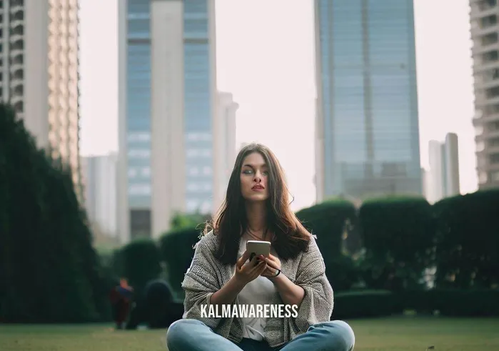 5 minute evening meditation _ Image: The woman sits in a park, surrounded by tall buildings, as she concentrates on her phone and scrolls through messages.Image description: In the same park, the woman