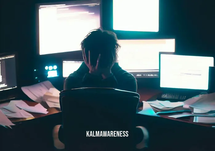 5 minute nighttime meditation _ Image: A person sitting on a cluttered desk, surrounded by dimly lit screens and paperwork, looking stressed and fatigued.Image description: In the glow of multiple screens, a tired individual sits amidst a cluttered desk, the weight of the day