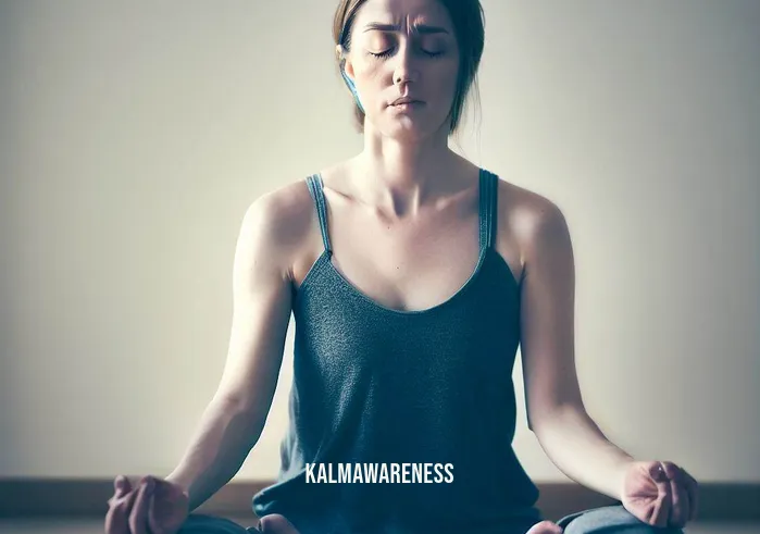 5 minute nighttime meditation _ Image: The person sitting cross-legged on the yoga mat, eyes closed, hands resting on their knees, a serene expression replacing the earlier stress.Image description: Seated comfortably on the yoga mat, eyes gently closed, a serene expression replaces the earlier stress as they delve into meditation