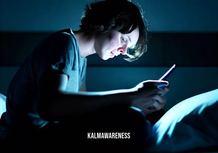 mindful movement sleep meditation _ Image: A person sitting on the edge of the bed, looking at their phone screen with a worried expression, highlighting the effects of screen time before sleep.Image description: Sitting at the edge of the bed, the person stares at their phone screen with a worried expression. The bluish light from the screen casts a glow on their face, illustrating the impact of excessive screen time before sleep.