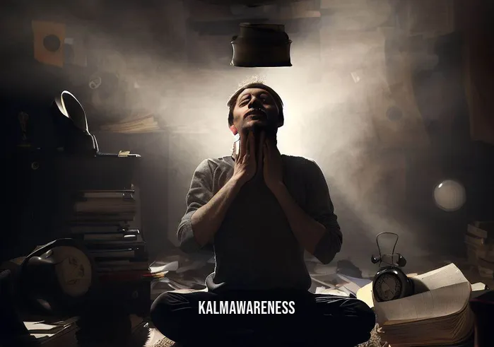 how to make meditation videos for youtube _ Image: A cluttered and chaotic room with harsh lighting, a person sitting amidst distractions like a ringing phone, a noisy background, and a tense expression on their face.Image description: The image portrays a person attempting to meditate in an environment filled with distractions. The room is cluttered, and the person looks stressed as they try to find a peaceful moment amidst the chaos.