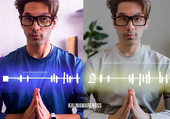 how to make meditation videos for youtube _ Image: A split-screen showing the person practicing breathing exercises, following a guided meditation video on one side, while on the other side, their heart rate and stress levels reduce according to a monitoring device.Image description: This split-screen image highlights the person