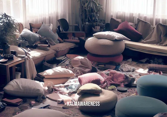 meditation cushion pattern _ Image: A cluttered living room with no designated meditation space. Image description: A messy room with scattered cushions and no clear meditation area.