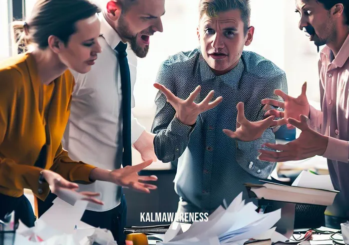 15/54 simplified _ Image: A team of coworkers gathering around the cluttered desk, engaged in a lively discussion with furrowed brows and gesturing hands.Image description: Colleagues collaborating to address the chaotic work situation, sharing ideas and concerns.