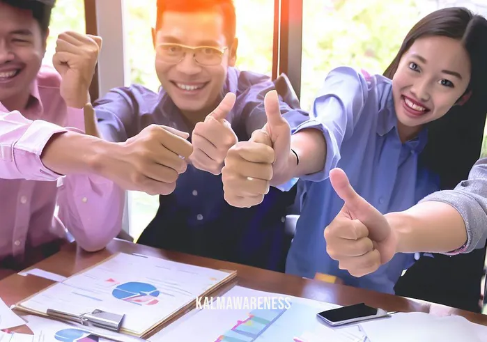 15/54 simplified _ Image: The team of coworkers smiling, giving a thumbs-up, and congratulating each other for resolving the problem.Image description: Happy coworkers celebrating their successful teamwork in improving the work environment.