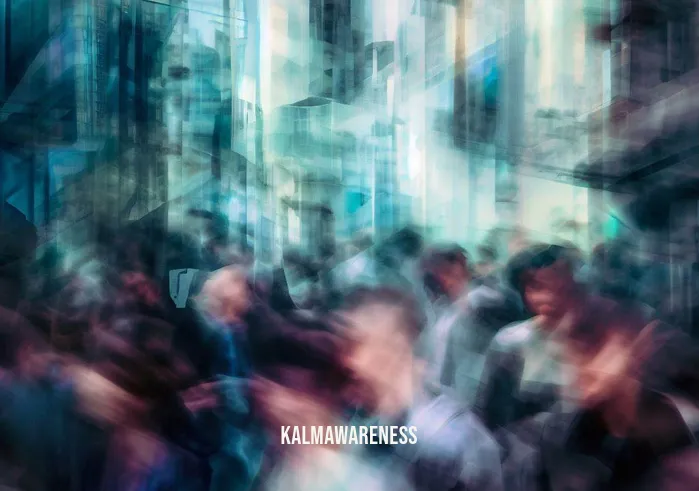 breathe meditation and wellness _ Image: A bustling cityscape filled with people rushing through crowded streets, their faces tense and hurried.Image description: Pedestrians jostling for space in a cityscape, their faces reflecting the stress of modern life.