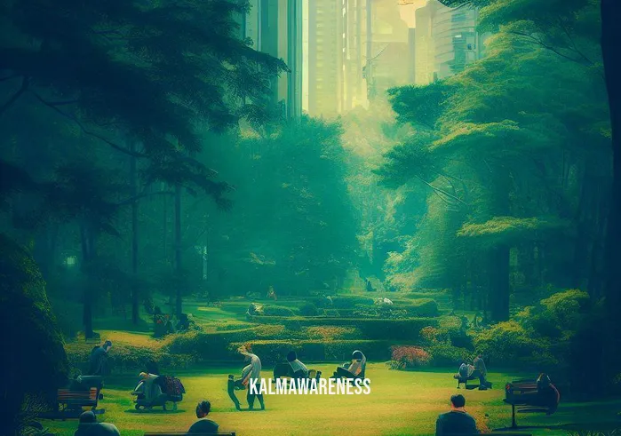 breathe meditation and wellness _ Image: A tranquil park nestled within the city, where a few individuals sit on benches, attempting to find solace amid the chaos.Image description: In a serene urban park, people sit on benches, attempting to escape the city